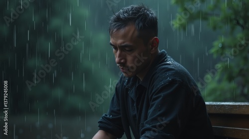 A young man with short dark hair sits on a bench in the rain, looking down with a melancholic expression.