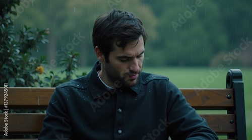 A young man with dark hair and a black jacket sits on a wooden bench under the rain.
