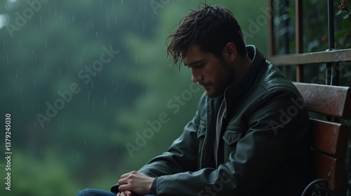 A man with tousled hair and a leather jacket sits hunched on a bench, his hands clasped together.