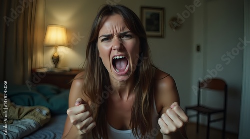 Young woman screaming furiously in a dimly lit bedroom. Her intense gaze and clenched fists emphasize the emotion of anger and frustration.