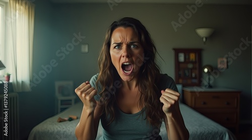 Woman with an intense angry expression, screaming with clenched fists in a well-lit bedroom. Her face conveys strong emotions like frustration and despair.