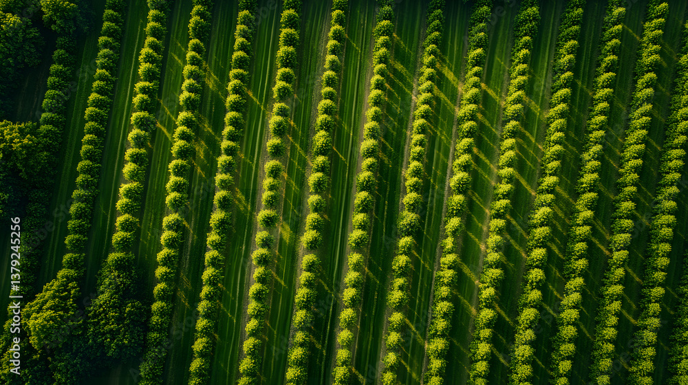 Aerial Top-Down View of Tree Plantation with Symmetrical Rows and Rich Green Tones
