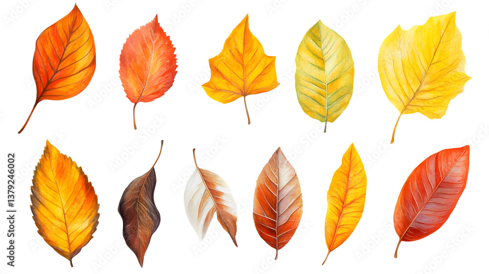Vibrant Autumn Falling Leaves Set on White Background for Creative Designs Vibrant Autumn Falling Leaves Set on White Background for Creative Designs