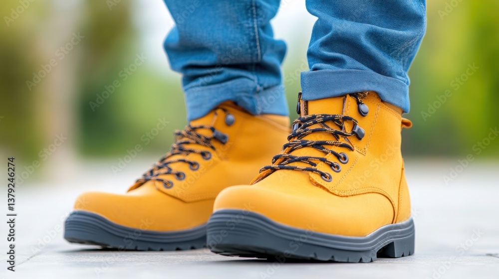 Stylish yellow work boots on a person's feet with blue jeans in a natural outdoor setting wearing casual attire Stylish yellow work boots on a person's feet with blue jeans in a natural outdoor setting wearing casual attire