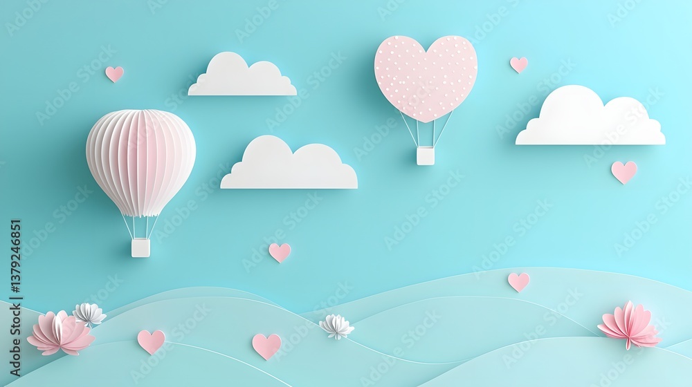 Whimsical layered paper cut air balloons in soft pastel hues gently floating among cloud formations in a serene sky evoking a sense of romance and wonder during the valentine season Whimsical layered paper cut air balloons in soft pastel hues gently floating among cloud formations in a serene sky evoking a sense of romance and wonder during the valentine season