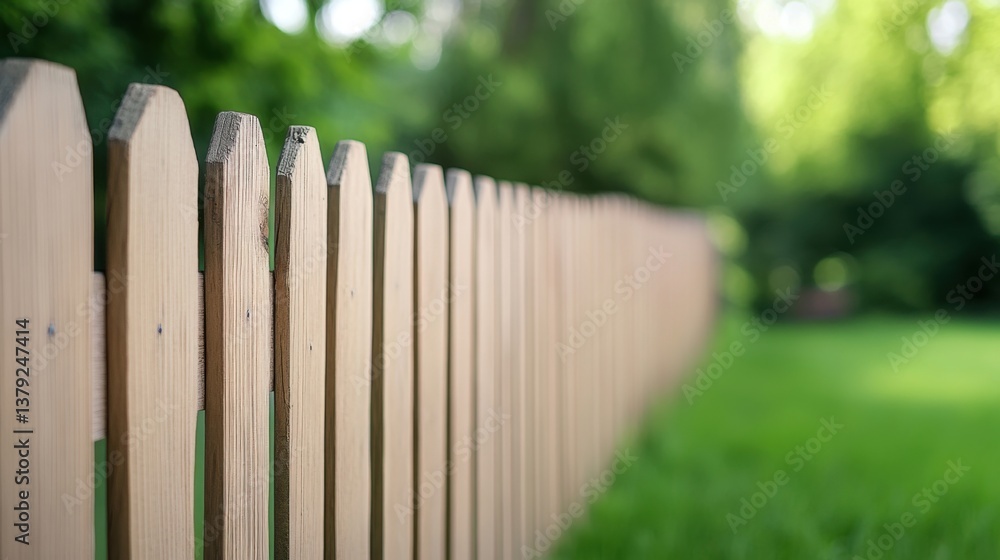 Wooden Fence with Pointed Tops against a Verdant Green Background in Soft Focus Under Natural Light Wooden Fence with Pointed Tops against a Verdant Green Background in Soft Focus Under Natural Light