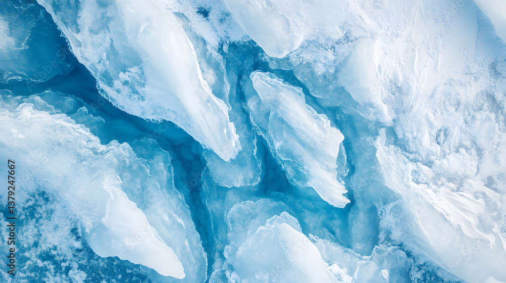 Fototapeta premium Top-Down Drone View of Icy Glacier Landscape with Dramatic Crevasses and Blue Ice Patterns