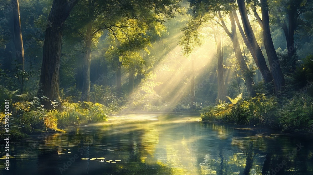 Fototapeta premium Serene Sunlight Beams through Lush Green Forest Canopy Peaceful River Water Reflections Tranquil Nature Scene Magical Atmosphere Picturesque Landscape