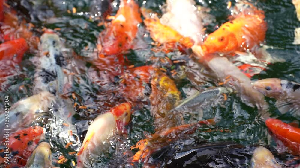 Japanese Koi fish close-up swimming in a clear green lake. The sun shines through the water on the fish. Enjoyment and relaxation, peaceful view of the water. Japanese Koi fish close-up swimming in a clear green lake. The sun shines through the water on the fish. Enjoyment and relaxation, peaceful view of the water.