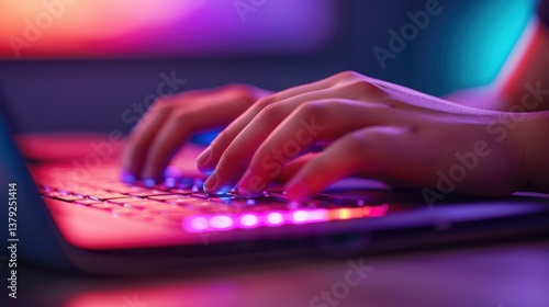 A closeup shot of a male hand on a laptop, with a glowing search engine bar set against a vibrant purple background.