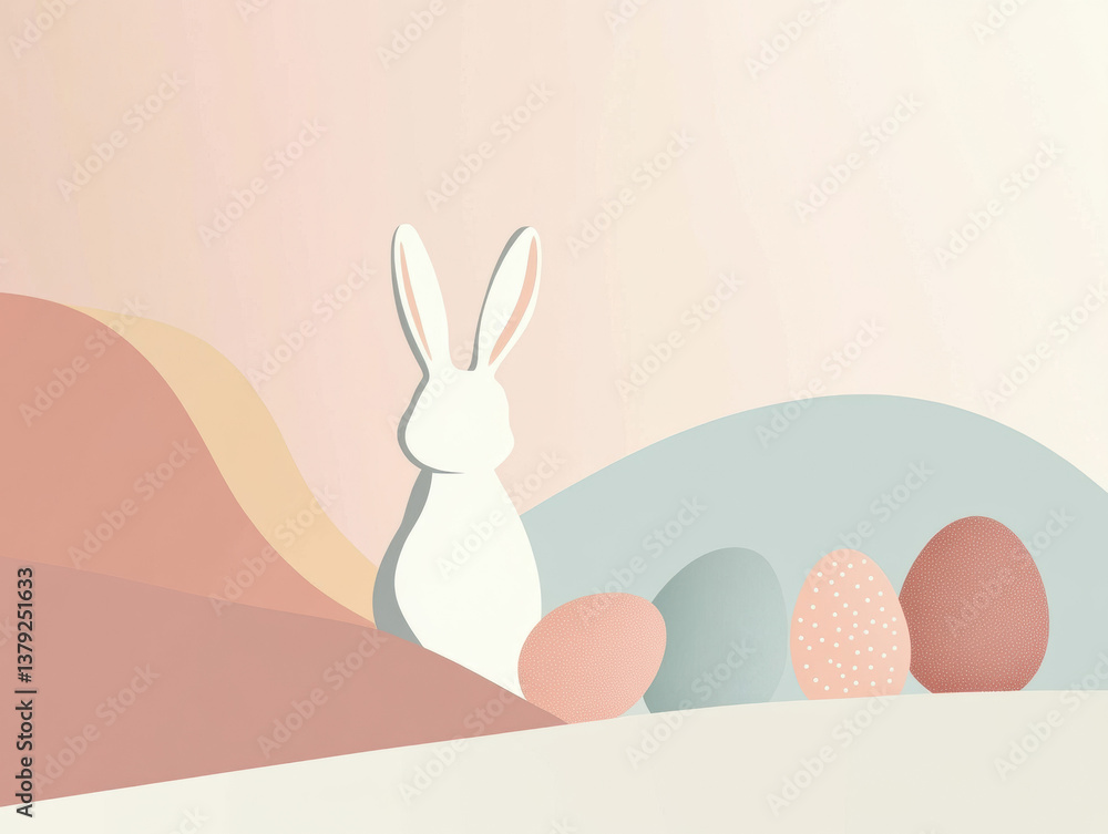 Fototapeta premium Minimalist vector illustration of a simple Easter bunny silhouette with pastel eggs, clean lines, modern flat design