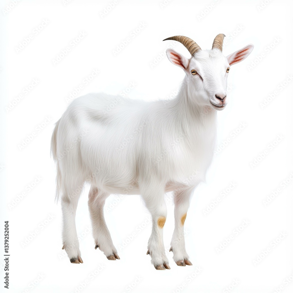 A lone goat stands proudly against a clean, white backdrop, showcasing its natural beauty and grace without distractions. A lone goat stands proudly against a clean, white backdrop, showcasing its natural beauty and grace without distractions.