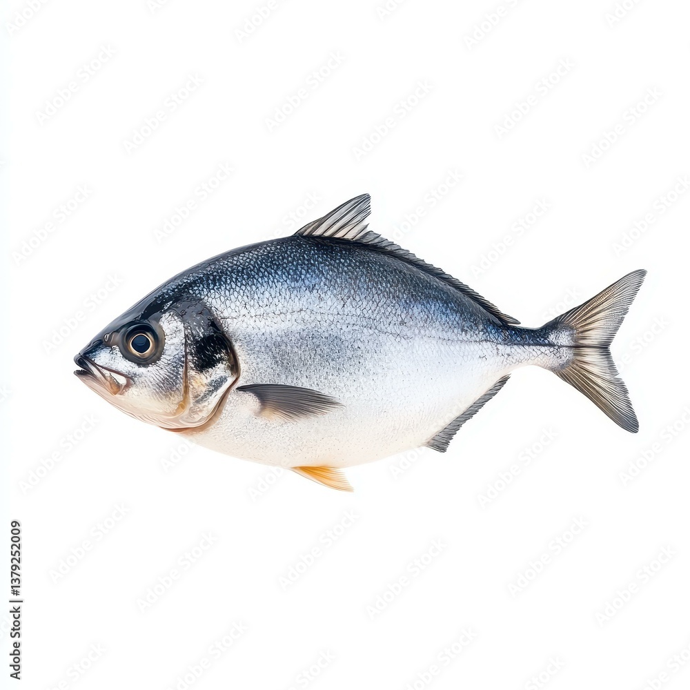 Obraz premium Fresh giilt head bream on a clean white background, showcasing its sleek body and vibrant colors.