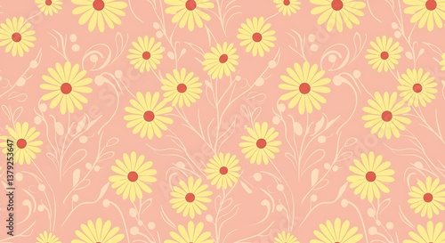 Pastel Yellow Daisy Floral Pattern Soft Blush Background AI Generated
