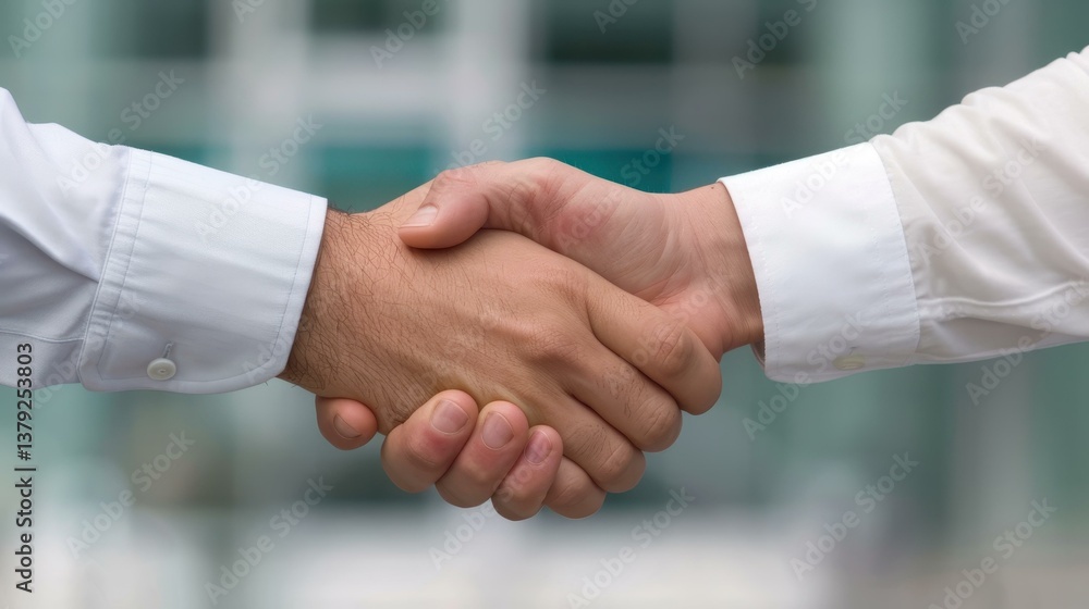 A closeup of a firm handshake symbolizes partnership, with a softfocus office building creating a professional backdrop. A closeup of a firm handshake symbolizes partnership, with a softfocus office building creating a professional backdrop.