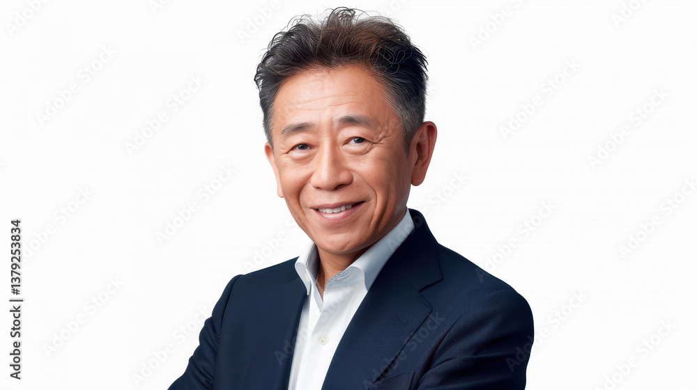A cheerful middleaged Asian man with a warm smile, showcasing his handsomeness against a clean white backdrop. A cheerful middleaged Asian man with a warm smile, showcasing his handsomeness against a clean white backdrop.