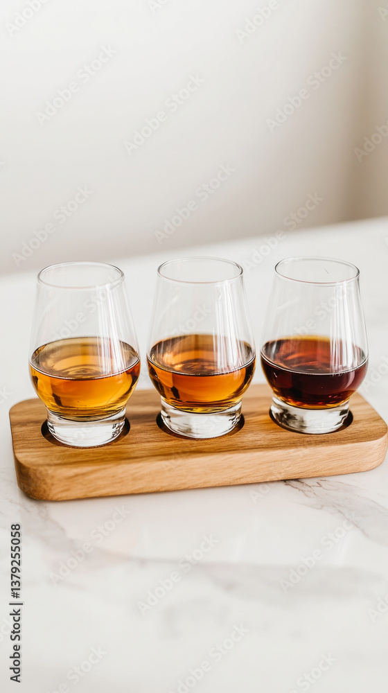 Assorted whiskey in glasses on wooden tray for tasting experience Assorted whiskey in glasses on wooden tray for tasting experience