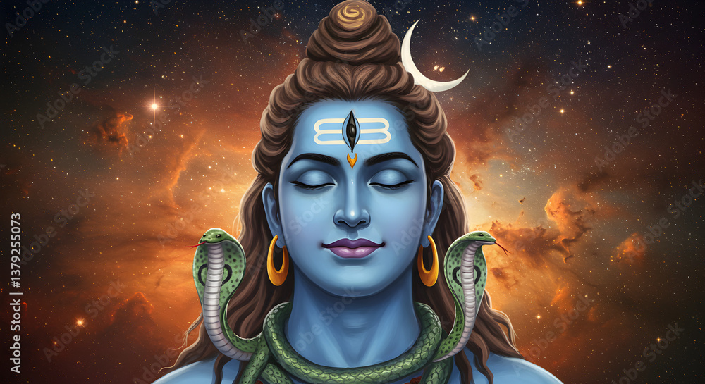 Serene depiction of a deity meditating against a cosmic backdrop of stars Serene depiction of a deity meditating against a cosmic backdrop of stars