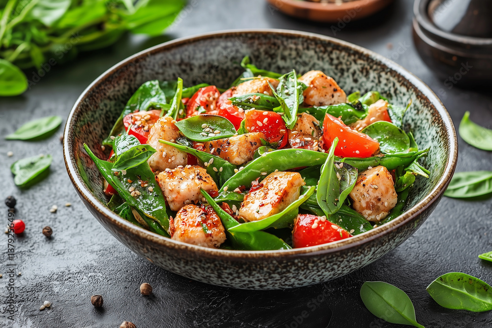 Bowl of chicken and vegetable salad, containing pieces of chicken, snap peas, cherry tomatoes, and spinach, garnished with sesame seeds. Bowl of chicken and vegetable salad, containing pieces of chicken, snap peas, cherry tomatoes, and spinach, garnished with sesame seeds.