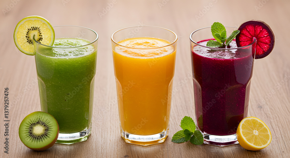 Vibrant Trio: Kiwi-Lime, Orange, & Beetroot Smoothies on Wood Vibrant Trio: Kiwi-Lime, Orange, & Beetroot Smoothies on Wood
