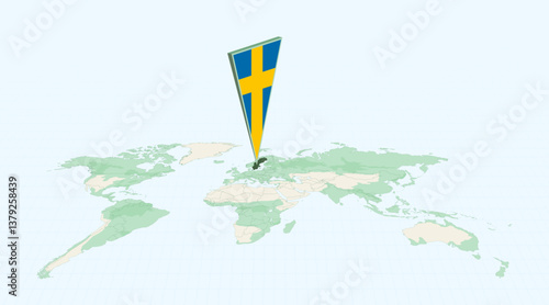 Highlighted Sweden on Global Map with 3D Flag Location Pin of Sweden.
