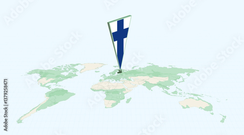 Highlighted Finland on Global Map with 3D Flag Location Pin of Finland.