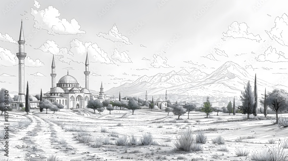 Fototapeta premium Detailed Mosque Drawing with Minarets and Mountain Landscape Sketch Art