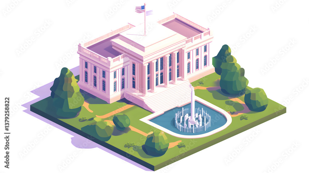 A grand neoclassical structure with a fountain and lush greenery ideal for government or insti A grand neoclassical structure with a fountain and lush greenery ideal for government or insti