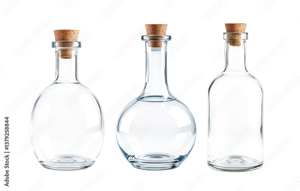 Collection of Three Empty Glass Bottles with Cork Stoppers in Different Shapes - Round, Spherical and Cylindrical Isolated on Transparent and White Background Collection of Three Empty Glass Bottles with Cork Stoppers in Different Shapes - Round, Spherical and Cylindrical Isolated on Transparent and White Background