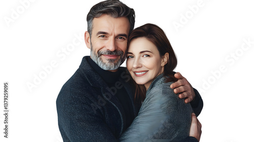 Elegant Middle-Aged Couple Embracing in Loving Embrace on White Background