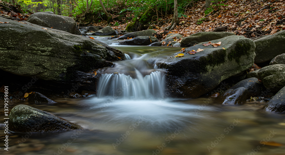 Serene Autumn Streamlet Cascading over Mossy Rocks Serene Autumn Streamlet Cascading over Mossy Rocks