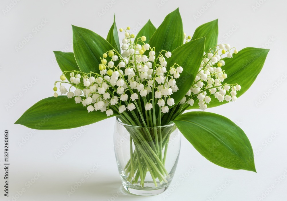 Lily of the valley flowers with green leaves in a clear glass vase on a white surface centered view Lily of the valley flowers with green leaves in a clear glass vase on a white surface centered view