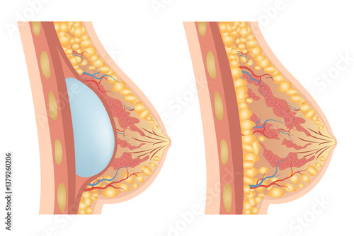 Breast augmentation with implant or breast surgery, injection of silicone gel using prepectoral and subpectoral technique,
