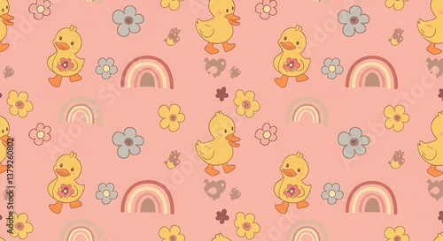 Pastel Ducks Rainbow Pattern Sweet Baby Design AI Generated