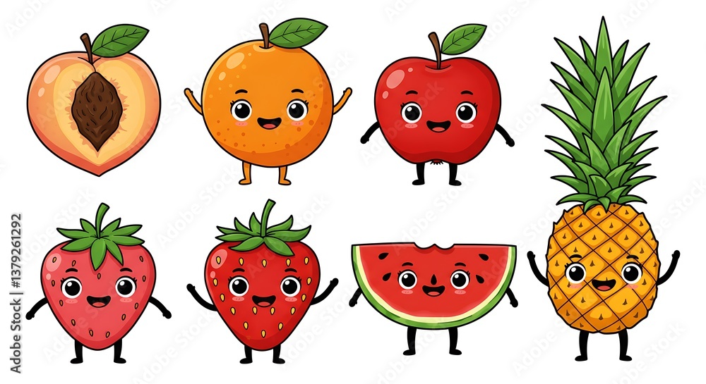 Fototapeta premium Adorable Cartoon Fruit Characters Vibrant Colors Happy Expressions AI Generated