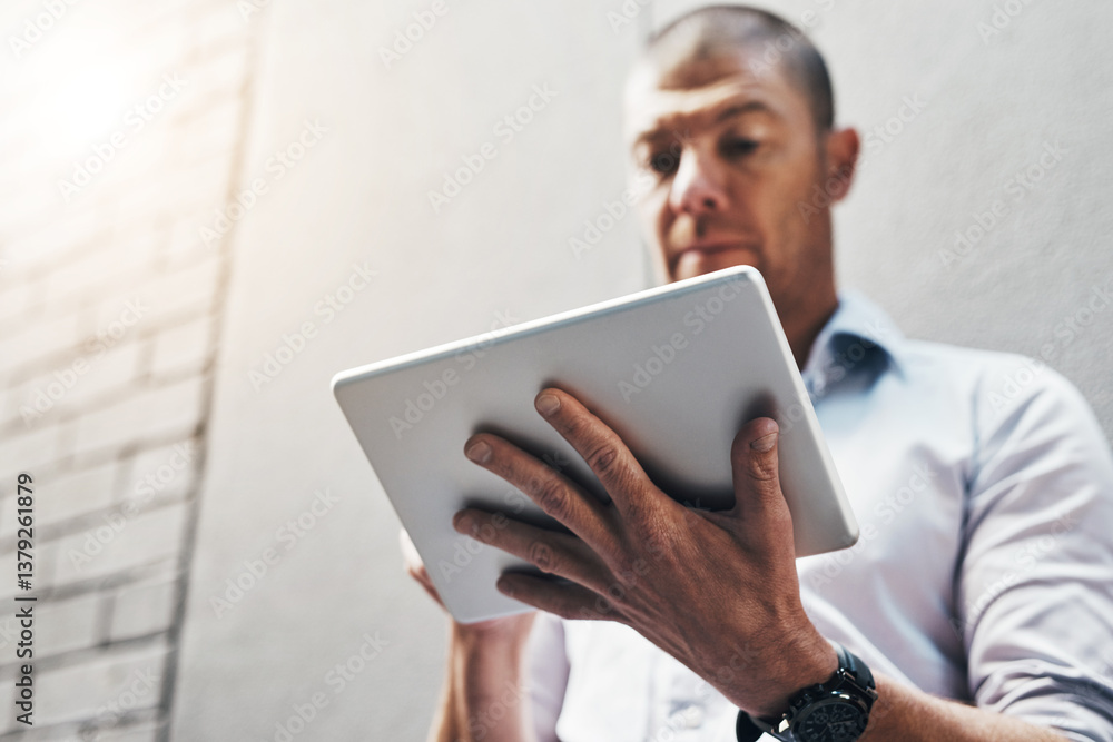 Business man, city and reading with tablet for notification, networking and typing with contact on web. Person, digital touchscreen and low angle by wall, street and check schedule with remote work Business man, city and reading with tablet for notification, networking and typing with contact on web. Person, digital touchscreen and low angle by wall, street and check schedule with remote work