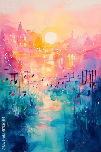 Whimsical Watercolor Painting of a Musical Sunset Landscape