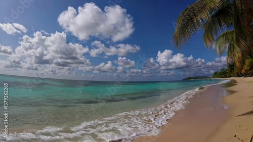 Wallpaper Mural Wide-angle video capturing a serene beach scene with turquoise waters, sandy shore, and palm trees under a vibrant blue sky with fluffy clouds. Torontodigital.ca