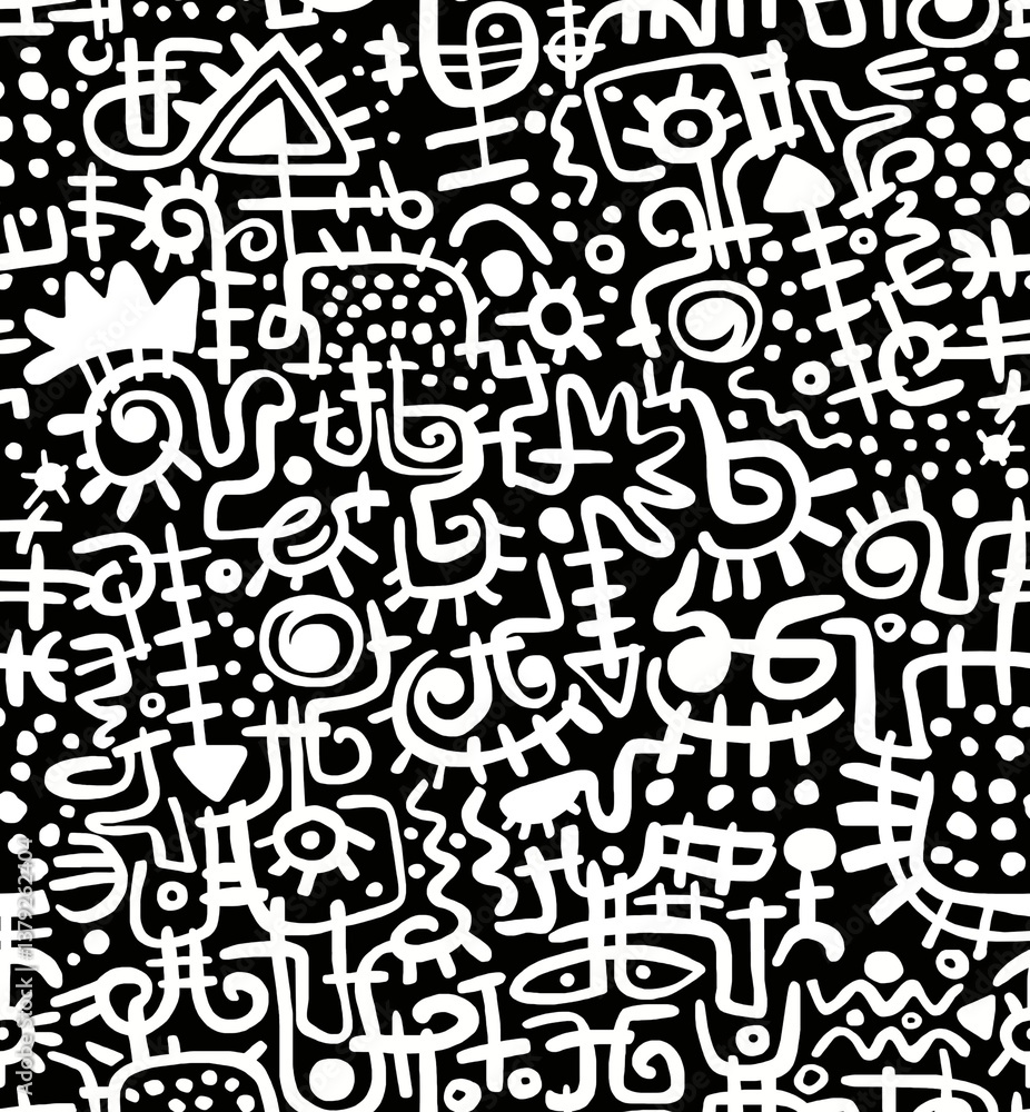 A black and white hand-drawn drawing in the Mexican style.Seamless pattern. A black and white hand-drawn drawing in the Mexican style.Seamless pattern.