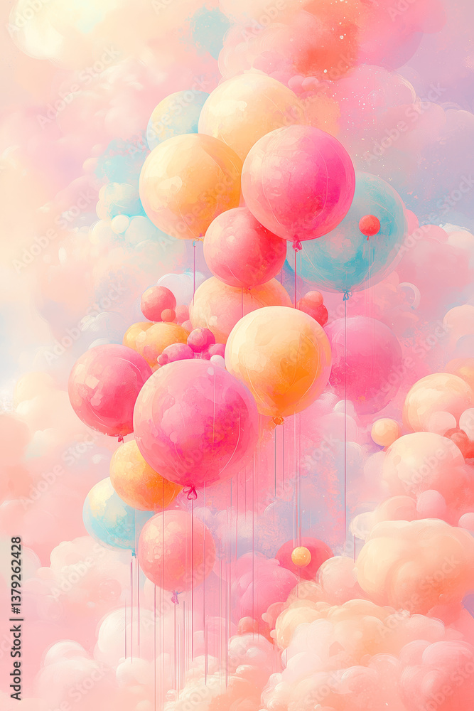 Colorful Pastel Balloons Floating Against a Soft Cloudscape Background Celebration Theme Colorful Pastel Balloons Floating Against a Soft Cloudscape Background Celebration Theme