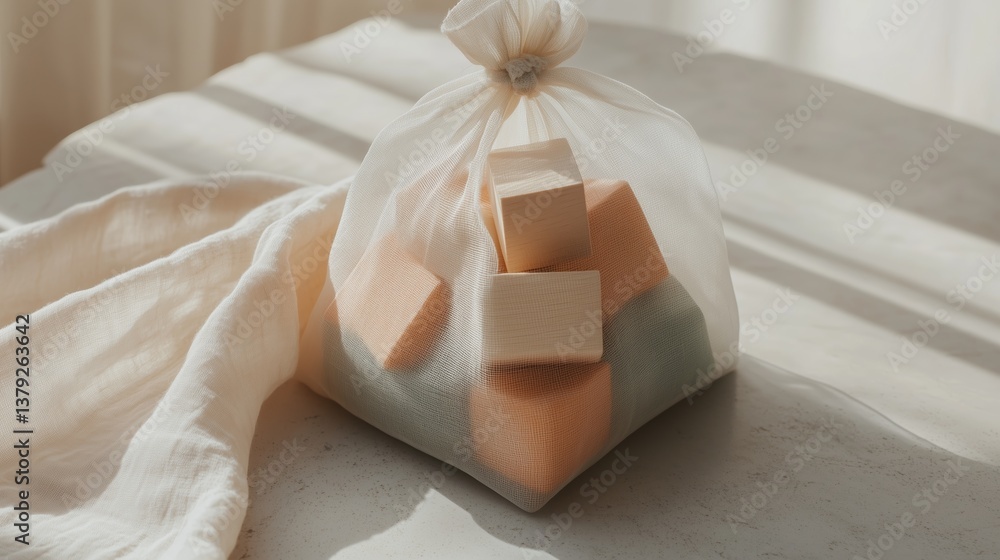 Natural soaps in a reusable bag on a countertop with sunlight illuminating the space Natural soaps in a reusable bag on a countertop with sunlight illuminating the space
