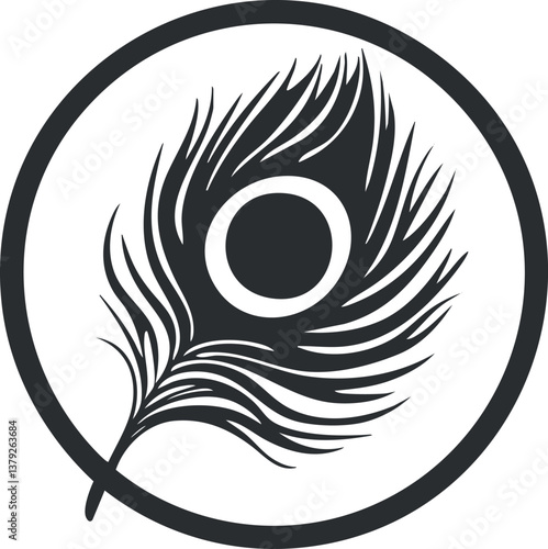 Monochrome illustration of a stylized peacock feather within a circular border.