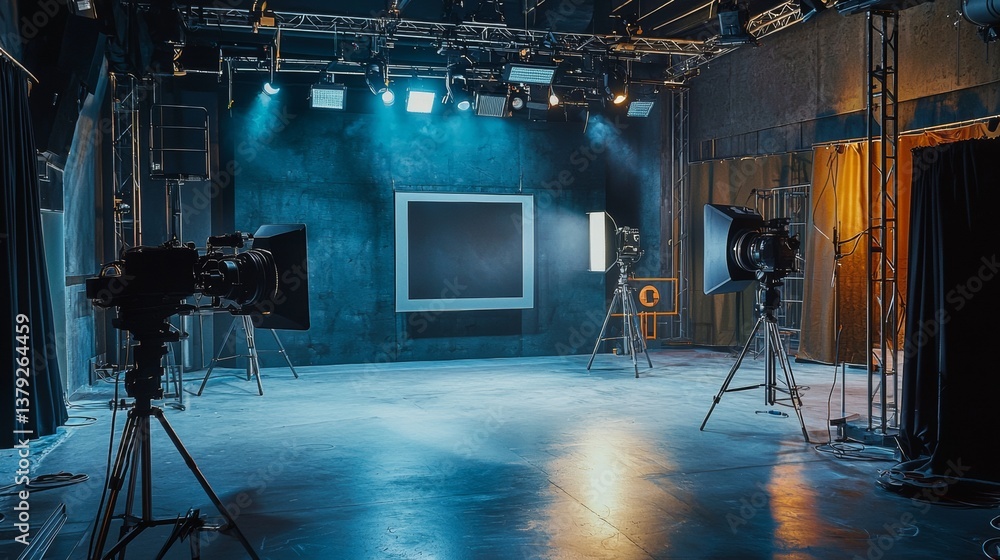Empty film studio with blue lights and set equipment