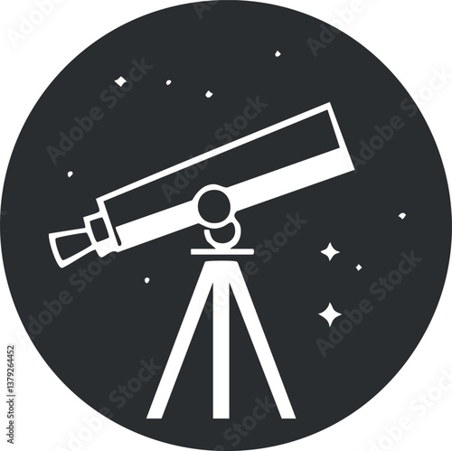Silhouette of a telescope on tripod against a starry night sky in a circular icon.