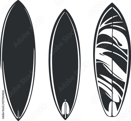 Three surfboard designs featuring black and white patterns in a vector illustration.