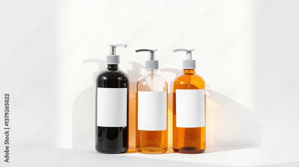 Three bottles with labels and pump dispensers are displayed together Three bottles with labels and pump dispensers are displayed together