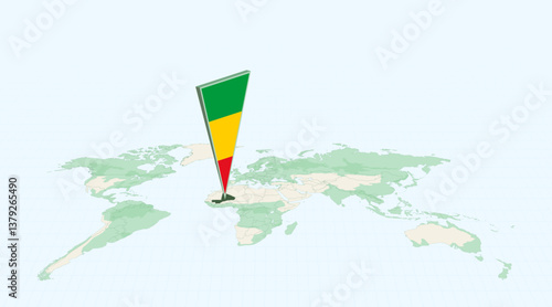 Highlighted Mali on Global Map with 3D Flag Location Pin of Mali.