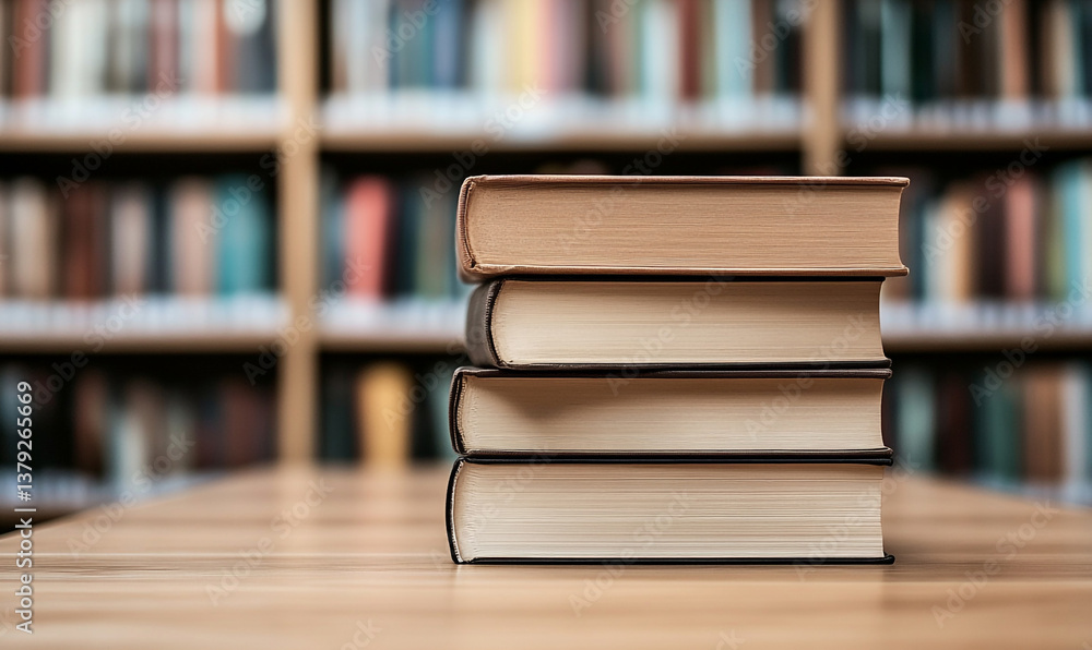 Stack of Books on Wooden Table in Library Setting, Education Concept Stack of Books on Wooden Table in Library Setting, Education Concept