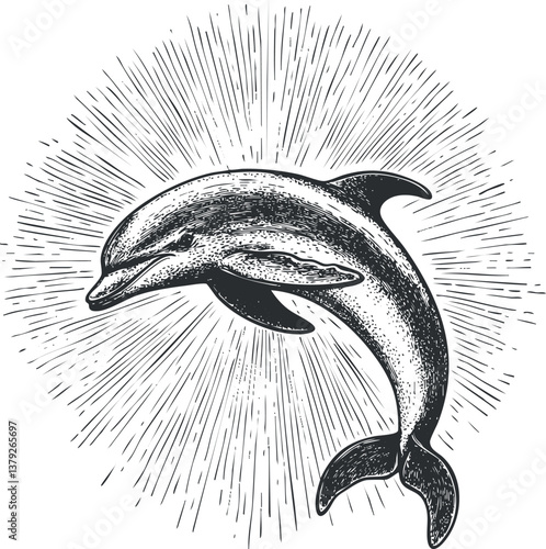 Vintage hand-drawn dolphin illustration with radiant background in black and white sketch style.