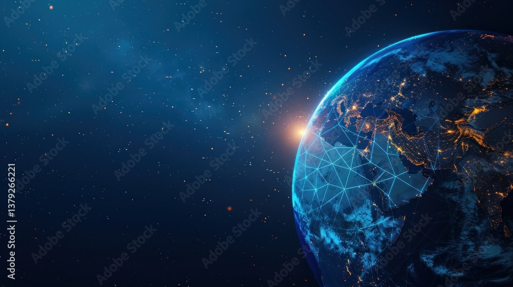 Naklejka premium Global network connections, planet earth in space with glowing lights